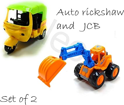 SaleOn Set of 2 Unbreakable Friction Powered Pull Back Auto Rickshaw and JCB Toys for Kids-1118
