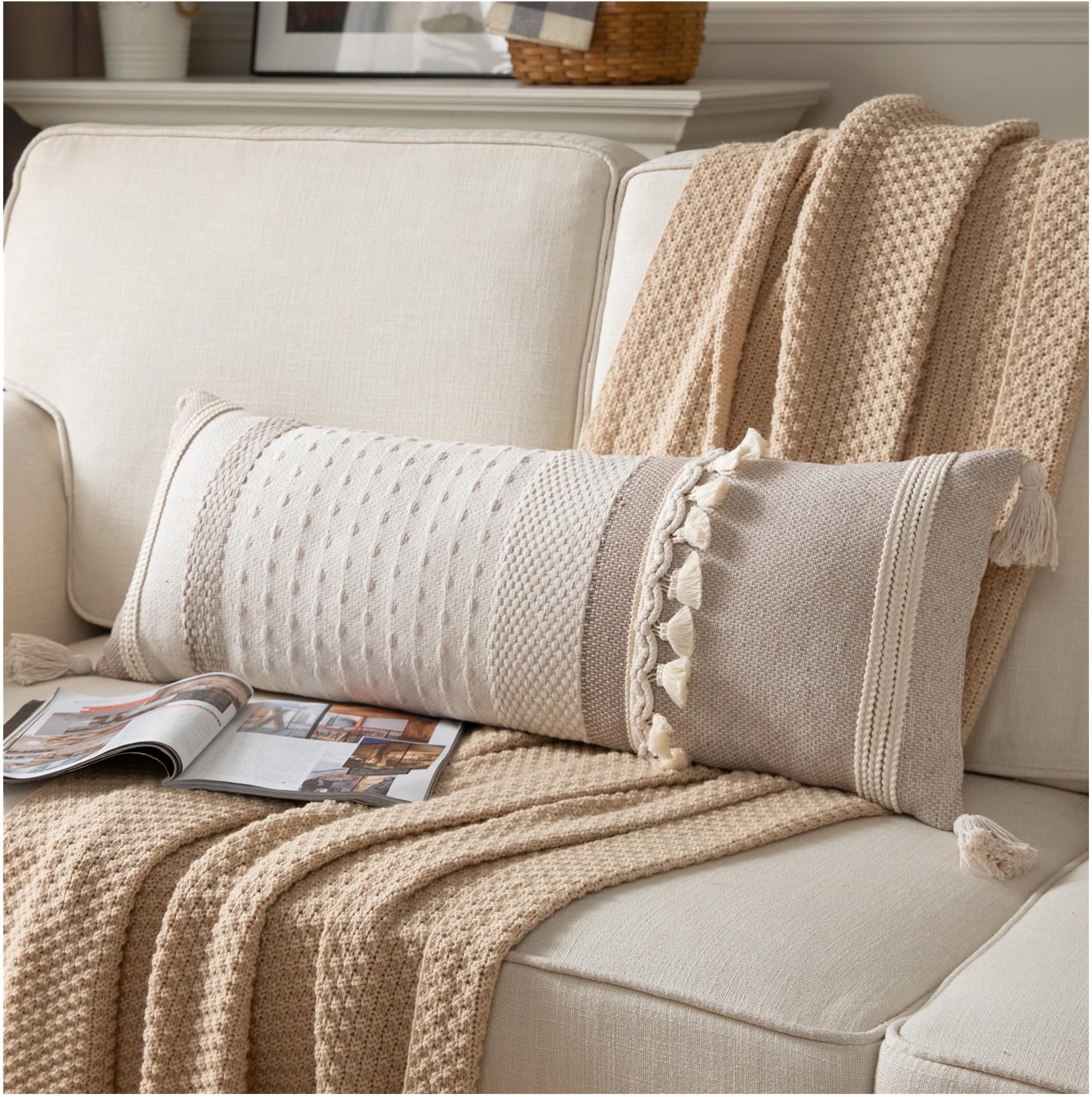 Photo 1 of ZIPPER IS BROKEN  -------------------------------------------Caflife Boho Lumbar Throw Pillow Cover 14X36 Long Decorative Pillows for Bed, Taupe Beige Woven Body Pillow Cover for Farmhouse Chair Sofa Bedroom Living Room Home Decor Couch Cushion Case, Pack