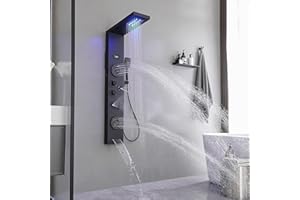 BATHLAVISH 6 in 1 Shower Panel Tower System, Rainfall Shower Panels Set w/LED and Digital Display Stainless Steel Shower Tower with Waterfall Tub Spout 2-Type Massage Jets Handheld Head Matte Black