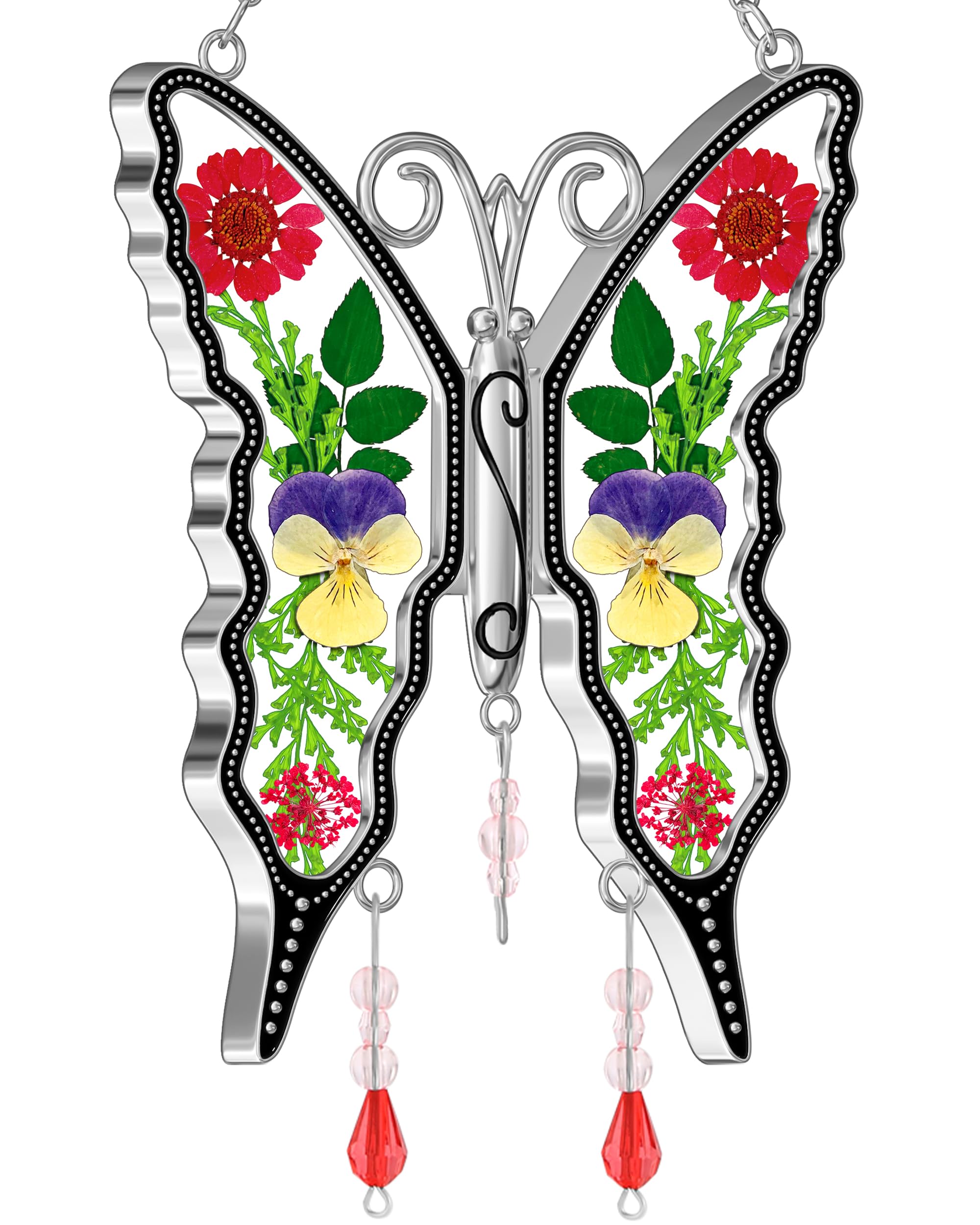 KY&BOSAM Butterfly Suncatcher Staiend Glass for Windows Hangings Wind Chimes Ornament with Pressed Dried Flowers Between Wings and No Charm Gift for Mom Mothers Day Valentine's Birthday Thanksgiving