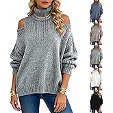 Turtleneck Sweater Women Cold Shoulder Cable Knit Sweater Casual Lantern Sleeve Off The Shoulder Pullover Sweaters