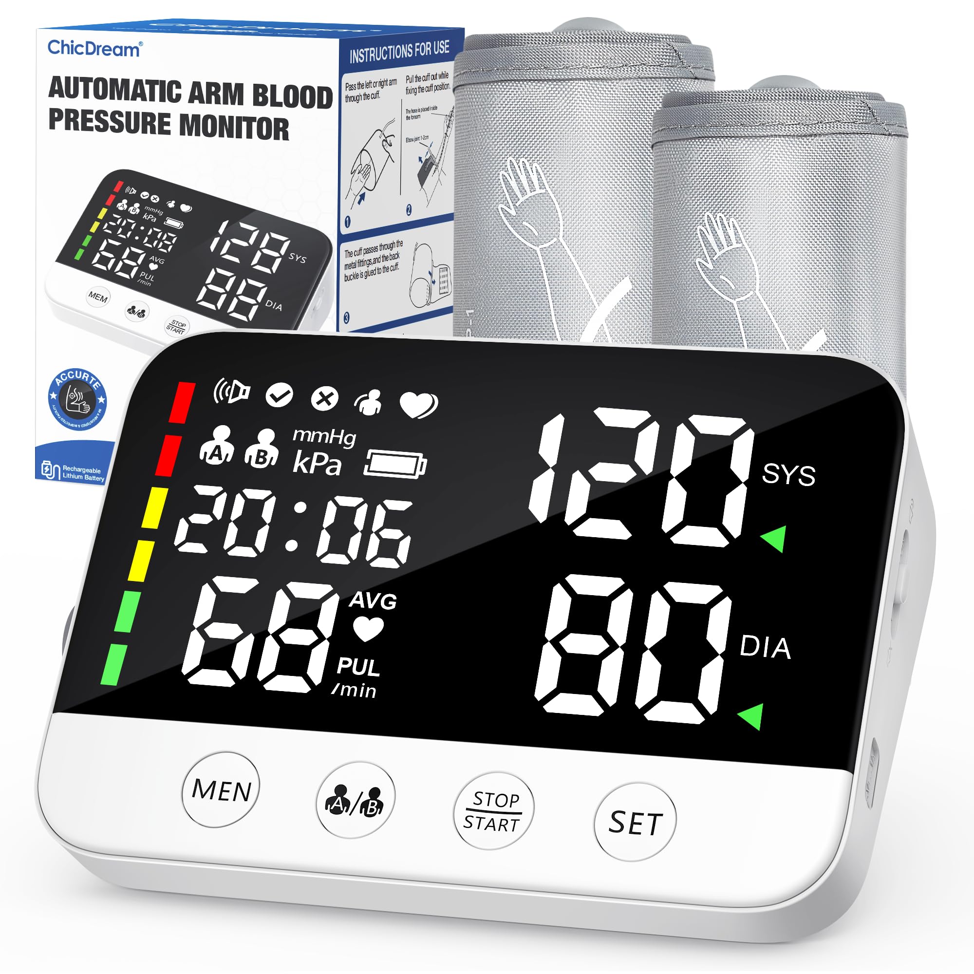 Photo 1 of ChicDream Upper Arm Blood Pressure Monitors for Home Use with 6.14" LED Display Screen & 2 Adjustable Large Cuff Sizes, Automatic BP Machine with Voice Broadcast, 2x120 Reading Memory, Rechargeable