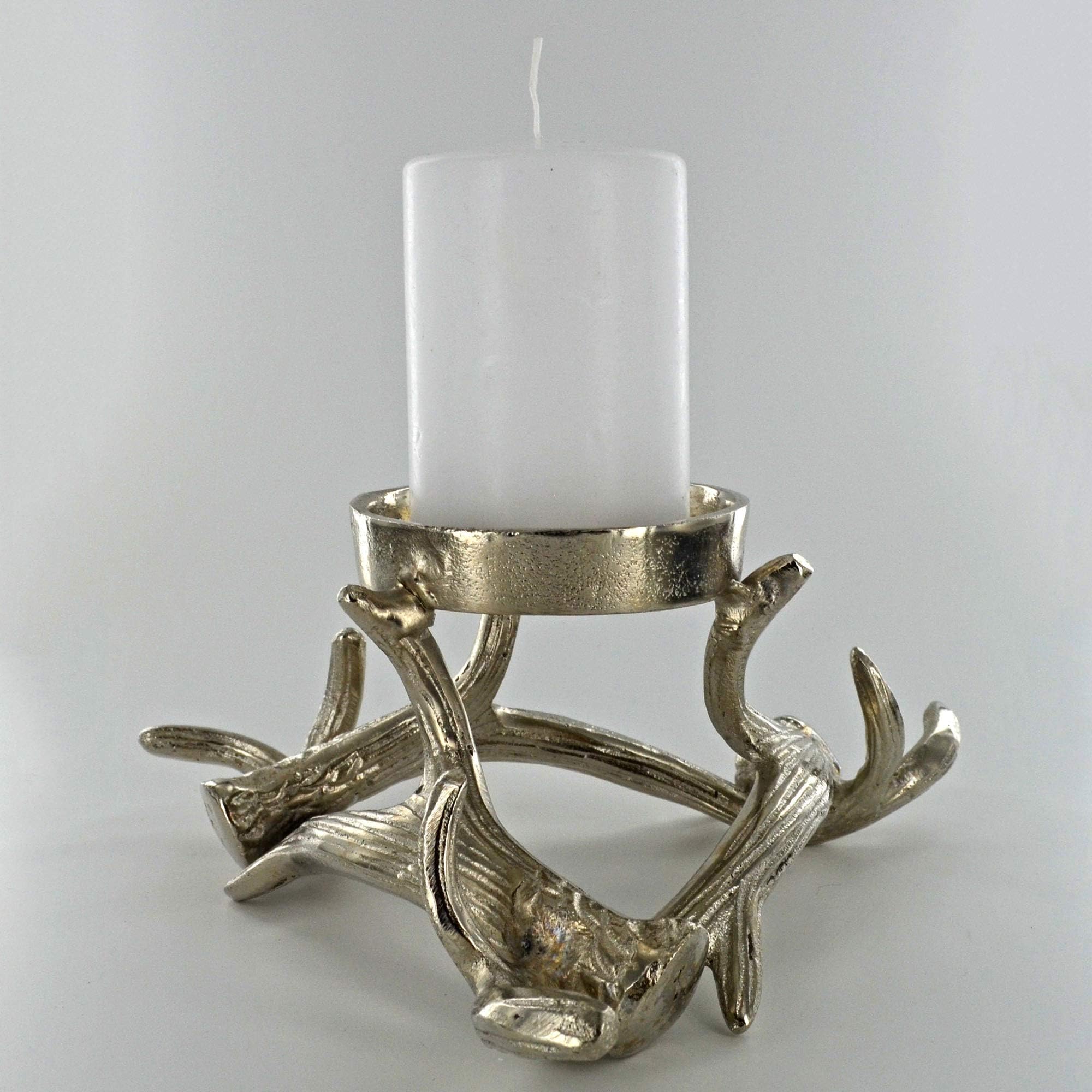 Fiesta Studios Silver Antler Pillar Candle Holder Metal Winter Stag Deer Decor for Country Home Gift