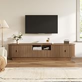 UKAOCAI 86.6'' Fluted TV Stand for 55-85 Inch, Walnut TV Console | Mid Century Modern Entertainment Center with Storage &amp; Open Shelves, Media TV Consoles with Sliding Doors for Living Room