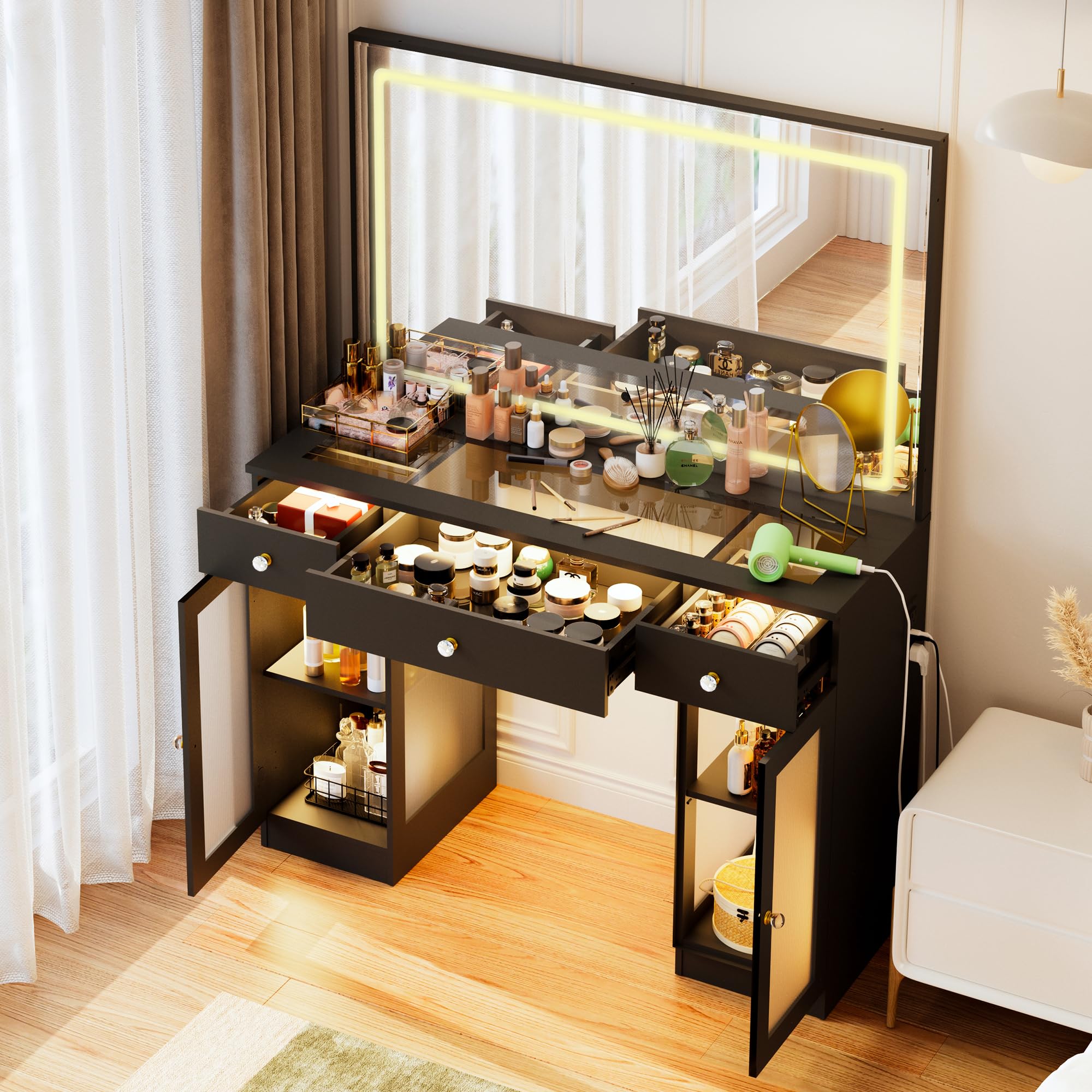 Photo 1 of ***(PARTS ONLY - SELLING AS PARTS ONLY)*** 
Pamapic Makeup Vanity with Crystal Knobs, Glass Top Vanity Desk with Mirror and Lights, Power Outlet, Drawers and Cabinet, 3 Lighting Color Adjustable Dressing Table, Upgraded Silent Slides, Black
