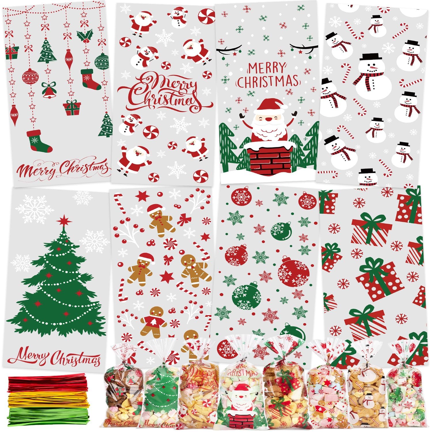 ECtury 120 Christmas Cellophane Bags, 8 Style Christmas Sweet Bags, Wonder Wrap christmas Treat Bags