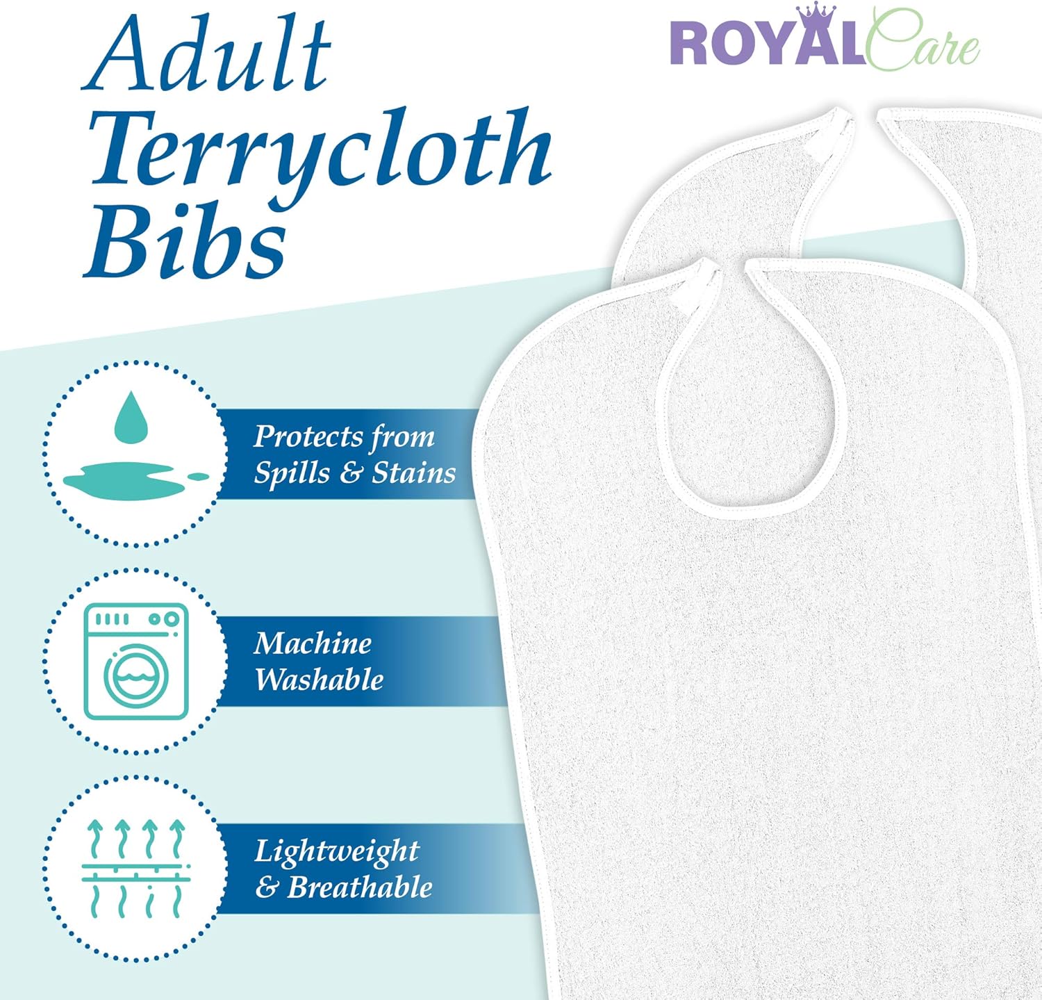 6PK Reusable Terry Cloth Adult Bibs – 18" x 30" Super Absorbent Washable Apron (White): Clothing