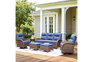 NUSBAY Patio Furniture Set with 6-Inch Thick Cushions, High Back Outdoor Swivel Rocker Chairs, Patio Couch and Ottomans, 6-Piece Easy Assembly Conversation Set for Porch Deck Pool Yard in Blue