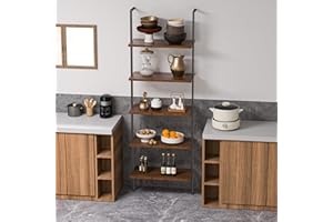 Cavoba 5-Tier Ladder Shelf Bookshelf with Wood Rack and Metal Frame, Modern Industrial Open Tall Wall Mount Bookcase, Plant Stand Furniture Office Kitchen Bedroom Rustic Brown