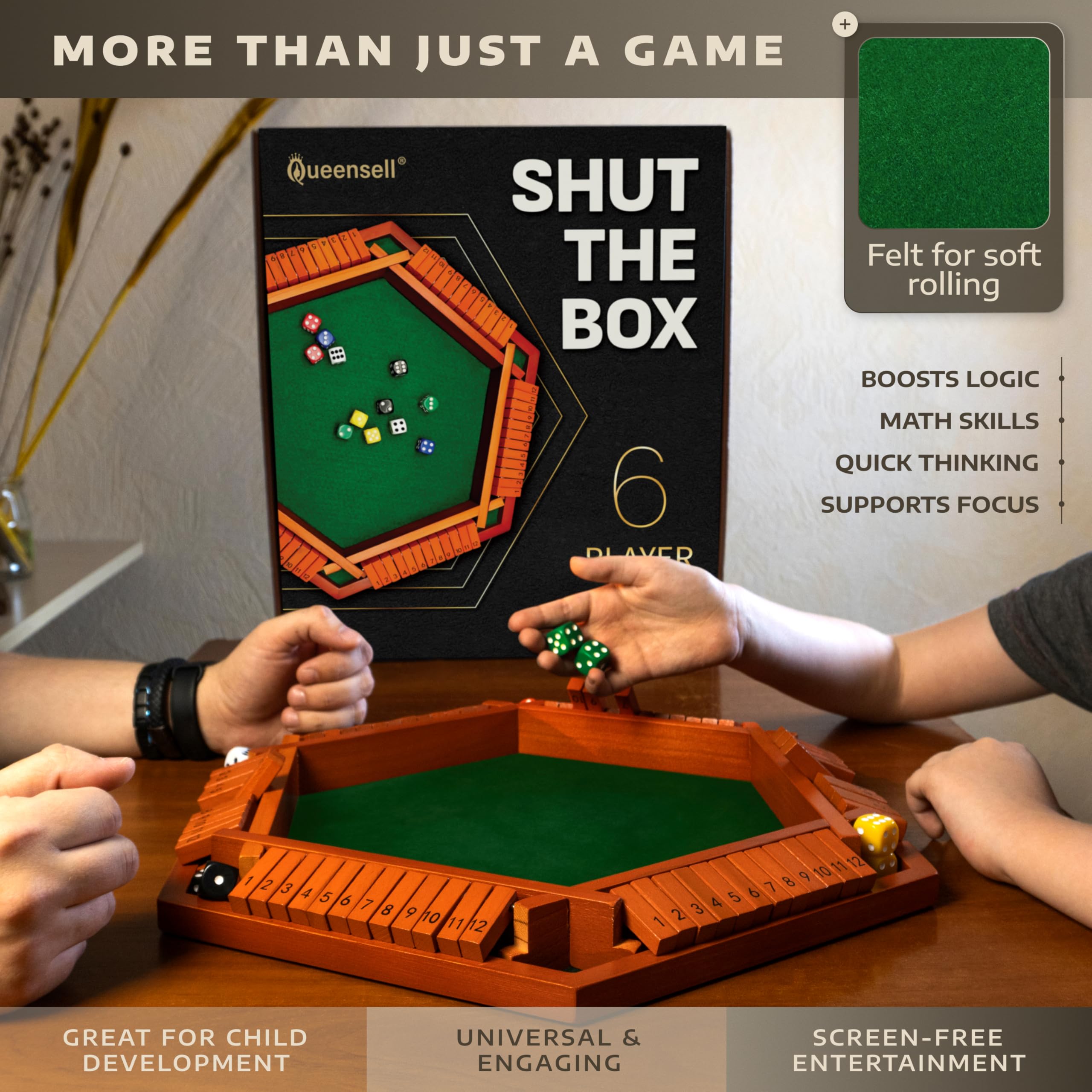 Queensell Shut The Box Game Wooden Board for 1-6 Players - 16-inch Shut The Box Game 12 Numbers for Adults & Kids - Ideal for Games Night