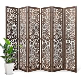 Folding Wood Room Divider Panel, 5.6 FT Tall Daisy-Carved Privacy Screen - Decorative Flower Carved Room Partition, No-Assembly Required, Ideal for Home and Office (6 Panel Brown)