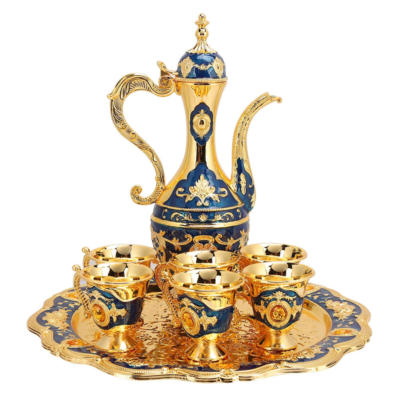 Vintage Turkish Coffee Pot with 6 Coffee Cups, Metal Turkish Tea Set Including Craft Tea Tray Teapot and Tea Cups for Wedding Gift (Golden Blue)