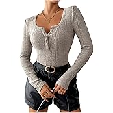 Floerns Women's Casual Long Sleeve Tops Ribbed Knit Henley Button Slim Fit Fall Outfit