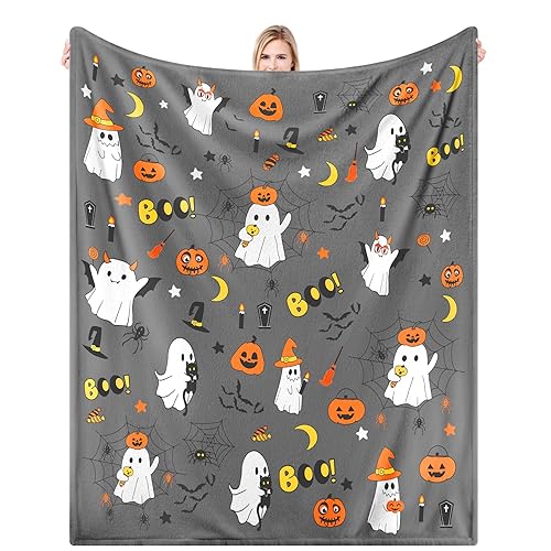Halloween Throw Blanket 52”x 60” with Cute Ghost Pumpkin Spider Birthday Gifts for Kids,Grey Flannel Bat Blanket Soft Warm Cozy Throw for Daughter Son Harvest Gifts and Home Decor
