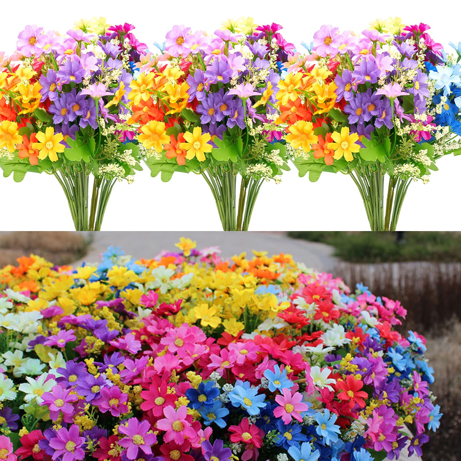 18 Bundles Outdoor Artificial Flowers for Decoration, UV Resistant Fake Flowers No Fade Faux Flowers Plastic Bouquet Hanging Plants for Indoor Outside Home Garden Porch Window Box Decor (6 Colors)