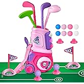 PJG Toddler Golf Set with Mat, Plastic Kids Golf Clubs Ages Ages 1 2 3 4 5 Years Old with 4 Golf Clubs and 10 Balls, Toddler Golf Toys with Cart for Boys and Girls Birthday (Pink)