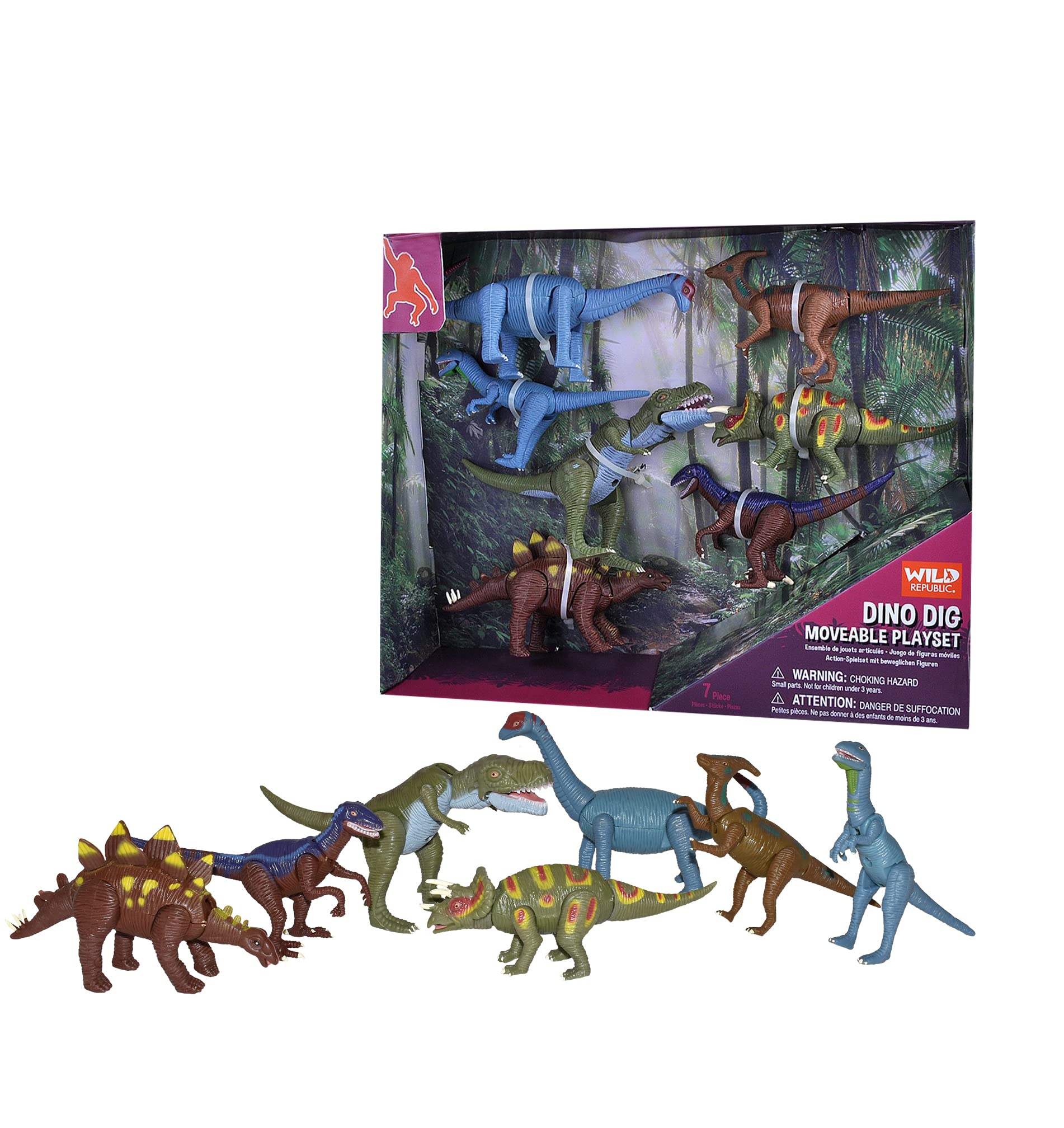 Wild Republic Movable Action Playset Dinosaur, Eight Species of Fun Dinosaur Replicas, Gift for Kids, Great for Interactive Play
