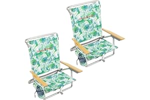Tommy Bahama 2-Pack 5-Position Classic Lay Flat Backpack Beach Chair with Cooler and Cup Holder, Portable Folding Beach Chair for Tanning, Tropical Leaves