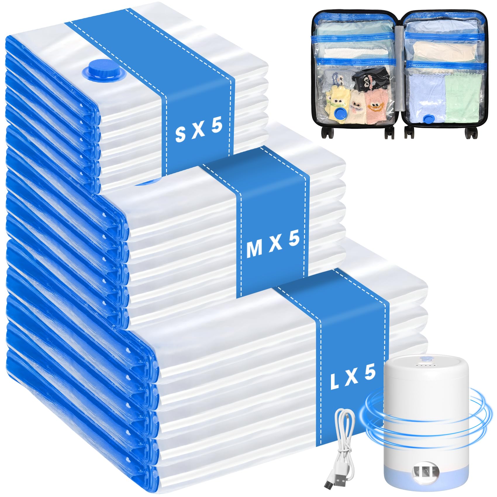 Photo 1 of *SEE CLERK NOTES* Eunhdet 15 Pack Travel Vacuum Storage Bags with USB Electric Pump, Combo Space Saver Vacuum Seal Bags for Clothing Travel Vaccine Sealed Storage Bag for Comforters Blankets Clothes Suitcase, Clear. PUMP NOT WORKING
