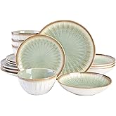 Gibson Elite Mayfair Bay 16-Piece Embossed Double Bowl Dinnerware Set, Service for 4 – Green Stoneware Plates and Bowls