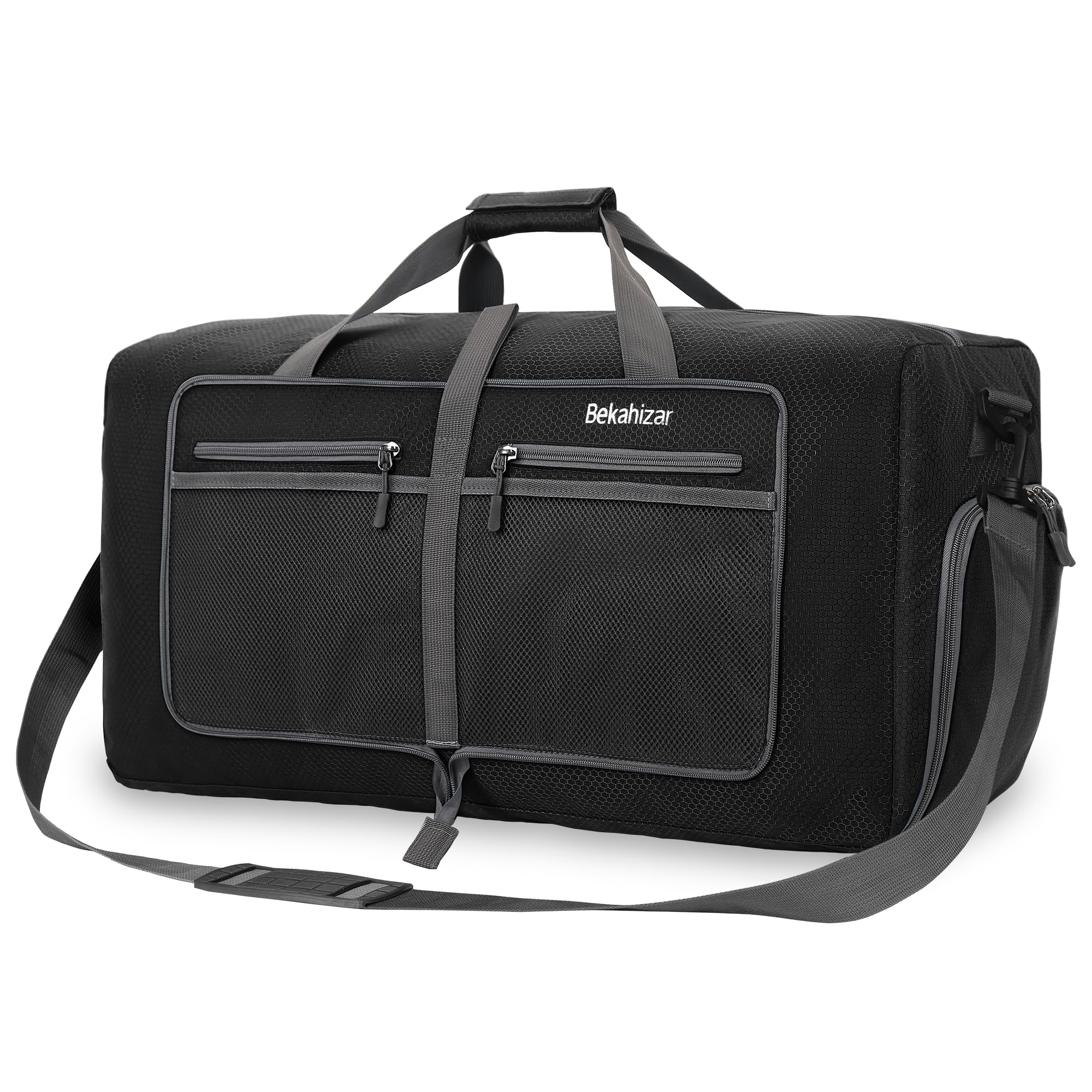 Bekahizar Travel Duffle Bag 60L Lightweight Foldable Holdall Duffels Large Weekend Overnight Bag Packable Carry On Luggage with Shoe Compartment for Men Women Camping Storage Gym Beach (Black)