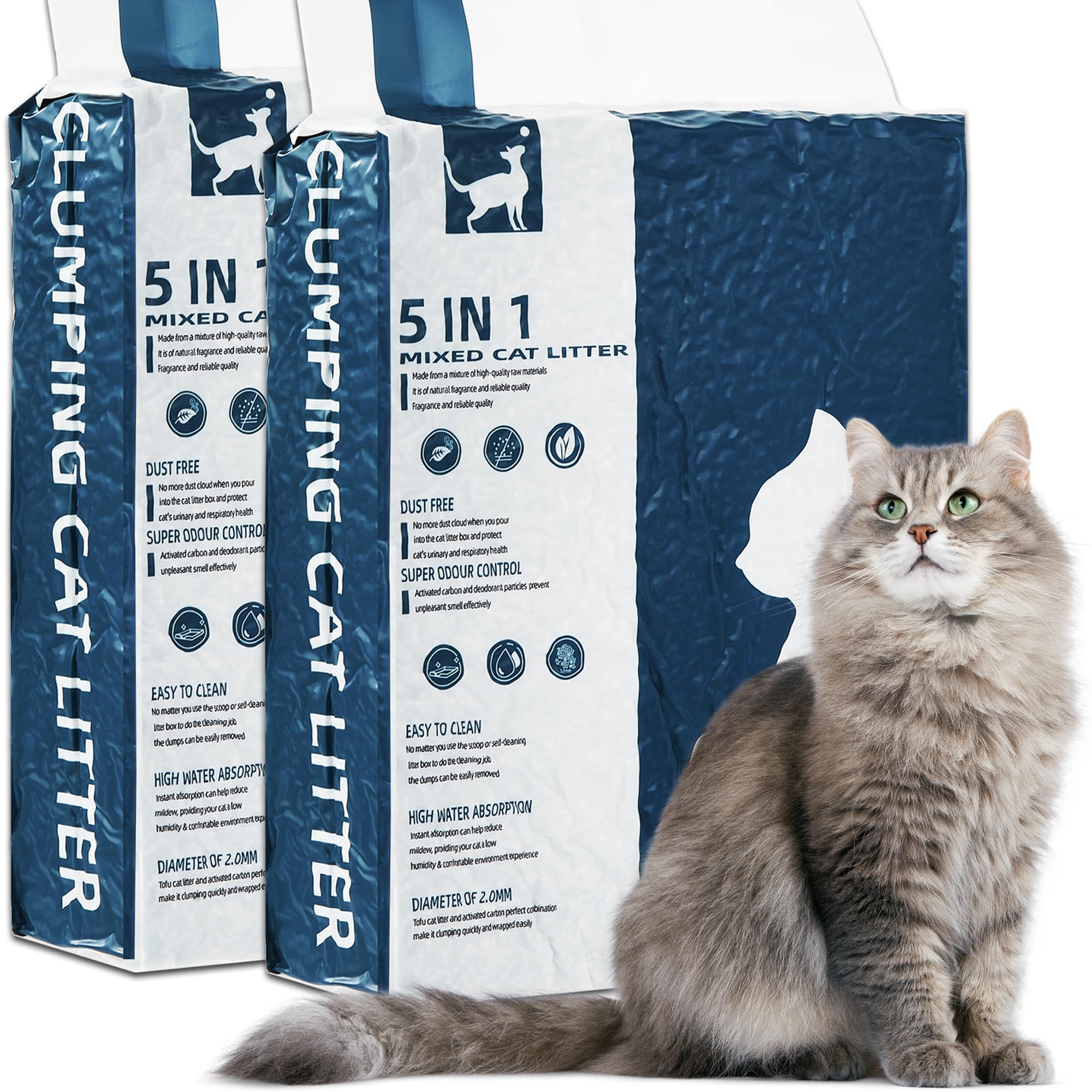 Tofu Cat Litter Clumping Litter for Cats, 5 in 1 Mixed Cats Litter Unscented Dust-Free Flushable Odor Control Fast Drying Clumping Kitty Litter (2 PACK-7.2 KG)