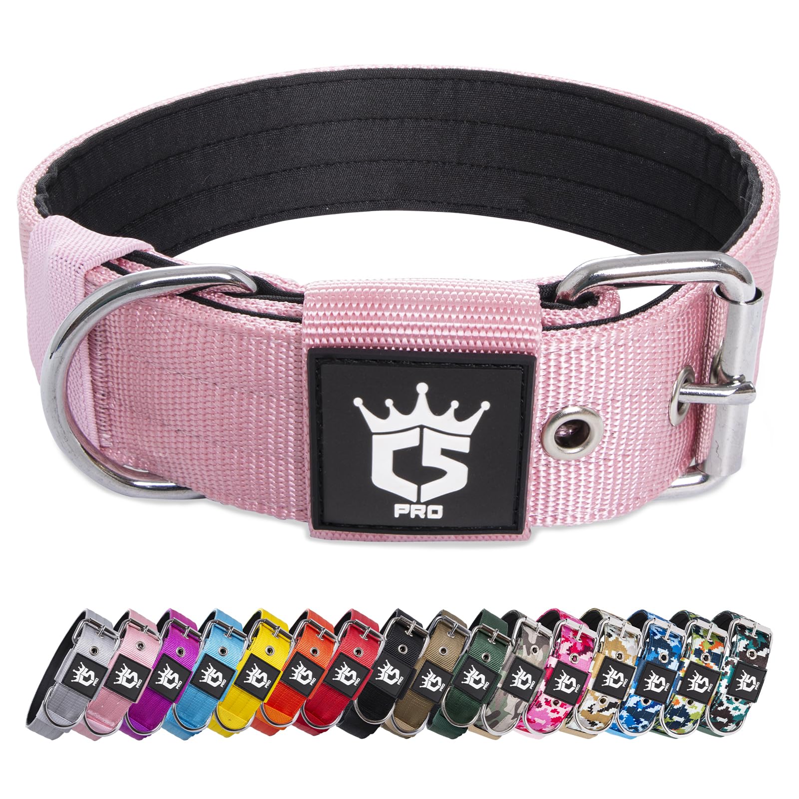 TSPRO Heavy Duty Tactical Dog Collar 1.5" Wide, Padded Dog Collar with Metal Buckle, Adjustable for Walking Training Outdoor for Medium Large Dogs (Pink, M) — image 1