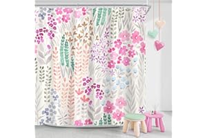 MAYZUS Hot Pink Cute Floral Shower Curtain, Colorful Kids Watercolor Flower Fabric Shower Curtain, Boho Funky Wildflower Shower Curtain Set, Cottagecore Bohemian Bathroom Decor, 72x72