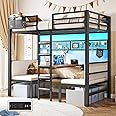 DICTAC Twin Over Twin Bunk Bed with Led Lights and Charging Station Convertible Loft Bed Twin Size with Desk and Seat Metal Bunk Bed with Desk & Safety Guard and Stair,Black(Cushion not Included)