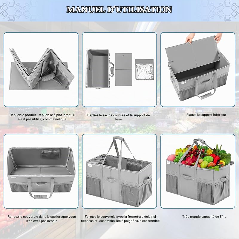 Lot de 2 Grands Cabas Réutilisables Extra-Larges - Sacs de Courses Solides et Résistants avec Poches et Poignées - Sacs Pliables pour Provisions - Cabas Escamotables avec Couvercles — photo 7 sur 7
