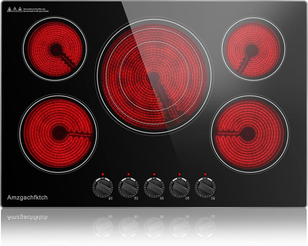 30 Inch Built-in Electric Cooktop 5 Burner, 9000W, 220V Hardwired | ETL Certified, Intuitive Knob Control, Expandable Triple