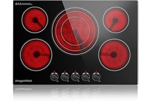 AMZGACHFKTCH 30 Inch Built-in Electric Cooktop with Expandable Triple Ring Burners, 5 Burner 9000W Ceramic Stove Top - Easy Knob Controls & Residual Heat Indicator (220-240V Hardwired)