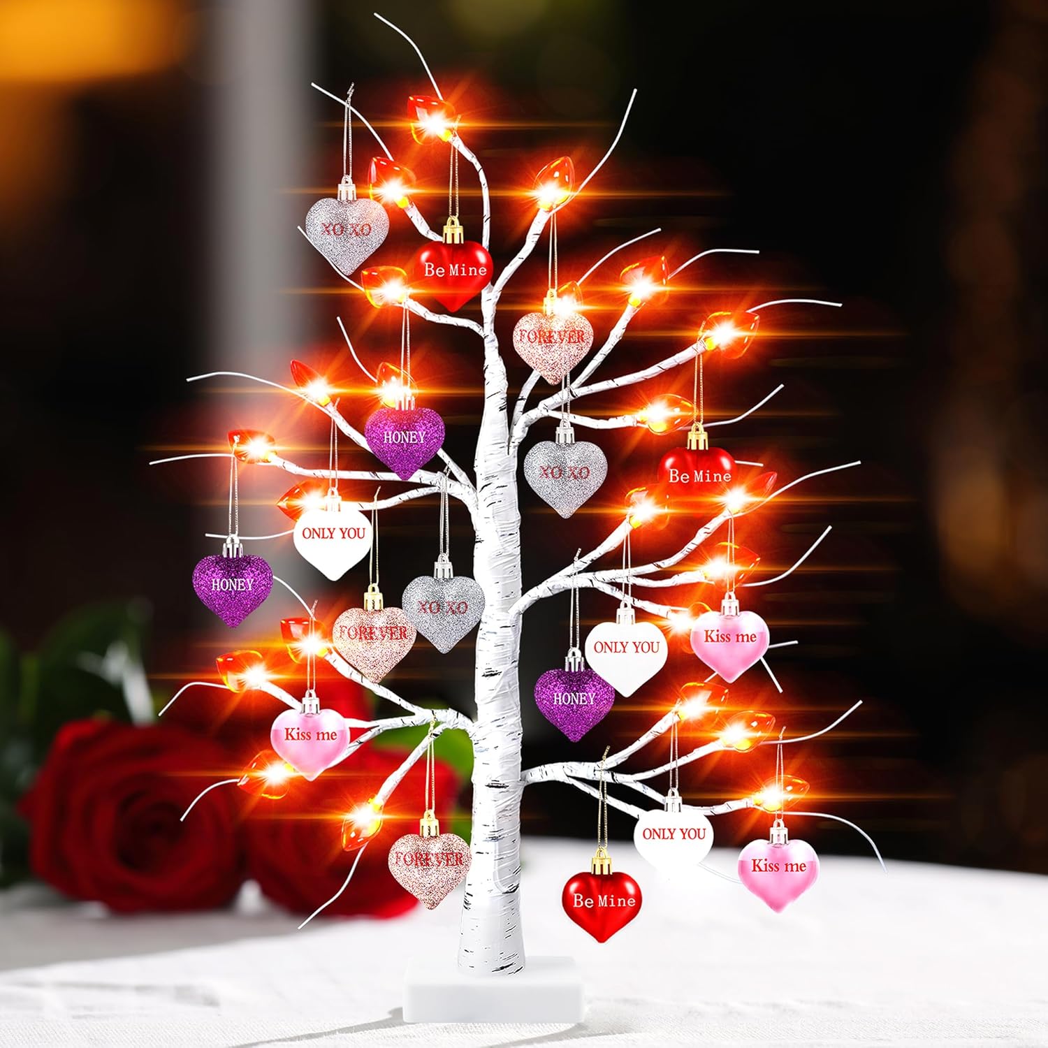 Trees - Valentine's Day Decorations 24 Inches 24 LED Heart Lighted Birch Tree Tabletop Decorations with 18 Pieces Heart Shaped Ornaments, USB Battery Operated Valentine Tree Decor for Wedding Anniversary
