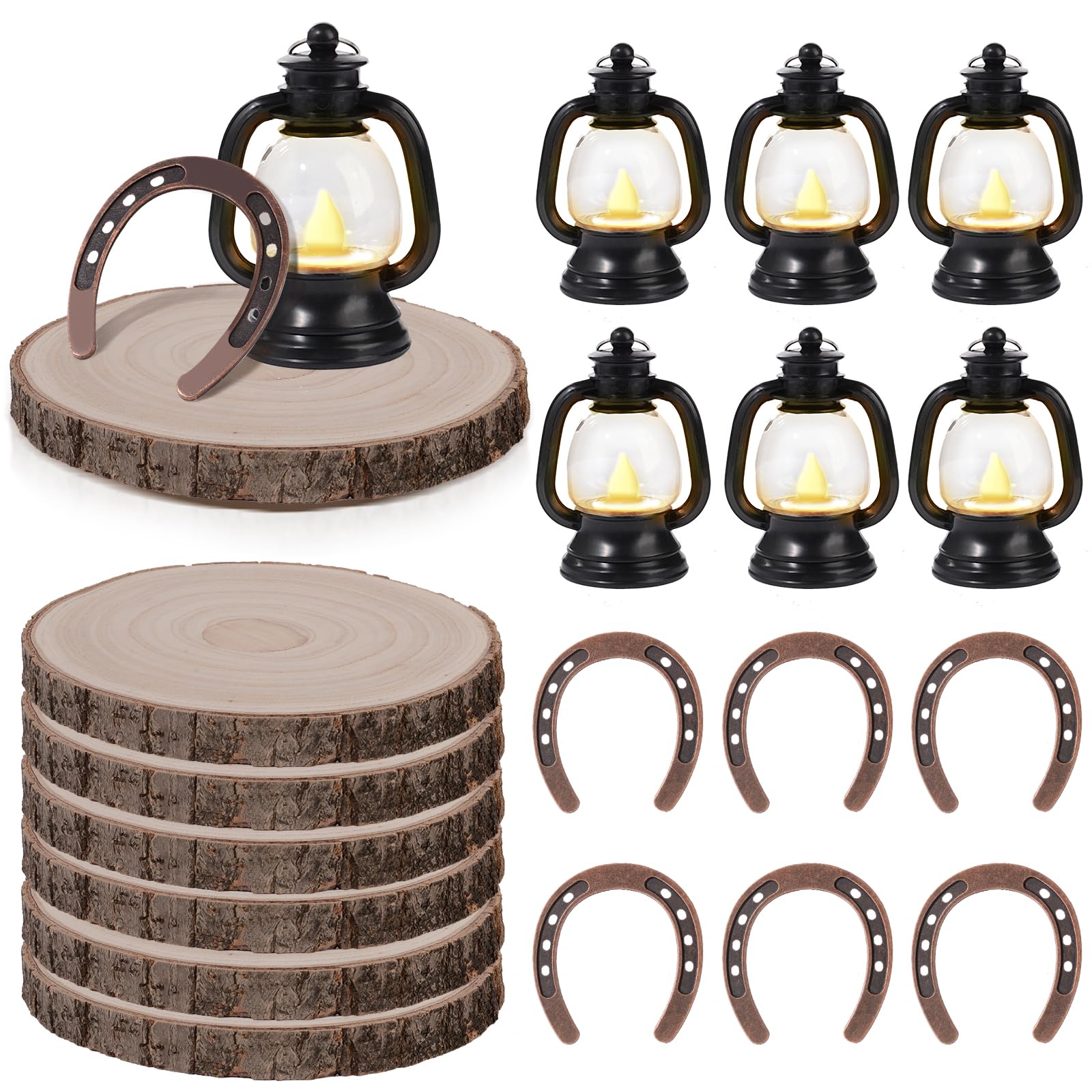 Photo 1 of 18PCS Western Party Decorations Mini Cowboy Centerpieces Lantern with LED Candle Wooden Plate Lucky Horseshoe Table Centerpieces Supplies for Western Cowboy Theme Birthday Wedding Party Favors Decor
