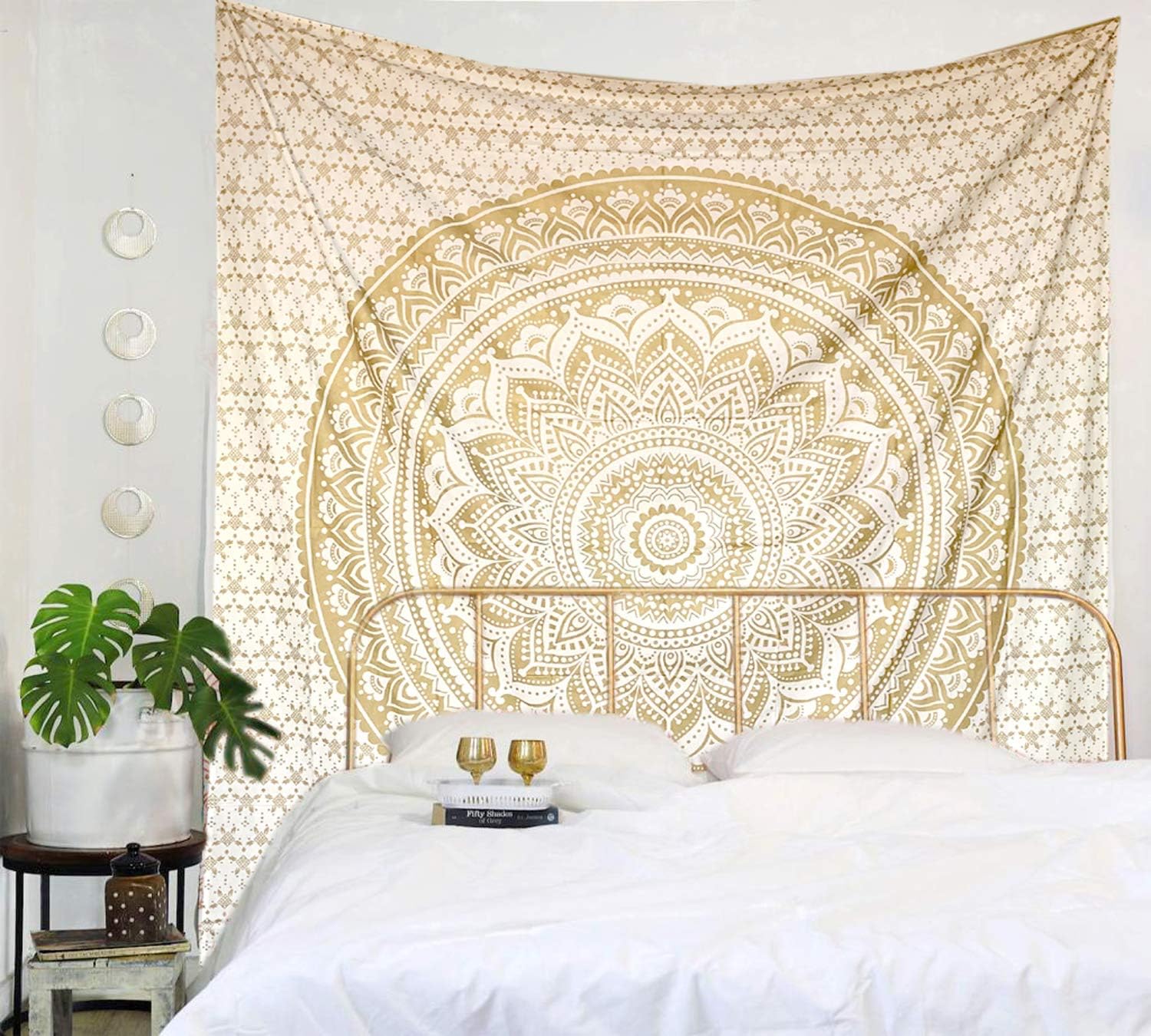 Tapestries - raajsee Glittering Gold Tapestry Wall Hanging Mandala- Indian Cotton Throw Hippie Tapestries - Boho Bedding White Golden Queen Bedspread 82x92 inches-Meditation Yoga Rugs Mats