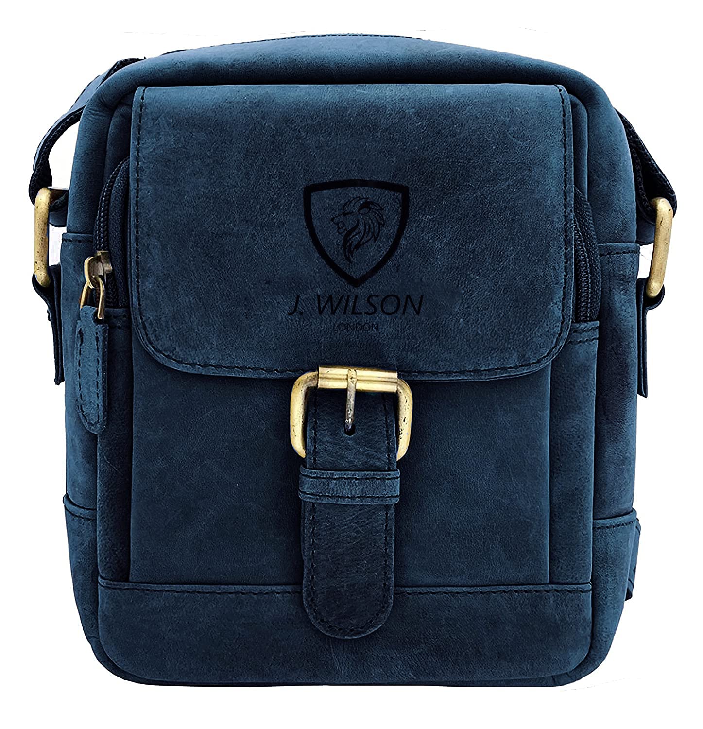 J. Wilson London - Genuine Real Veg Tan VT Handmade Unisex Crossover Flapover Everyday Crossover Work Tote Shoulder Messenger Bag (Distressed Blue)