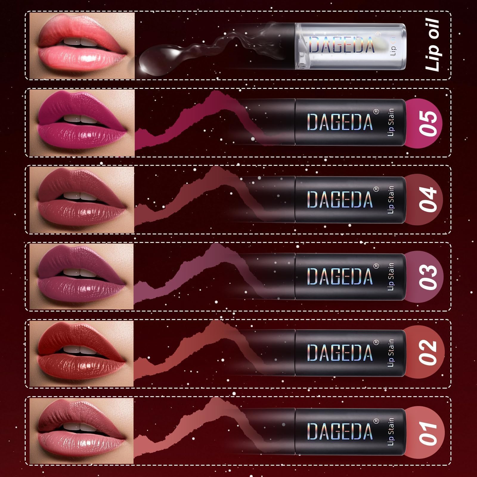 DAGEDA 5 Colors Peel Off Lip Stain Set,Tattoo Lip Stain Tint with Moisturizing Lip Oil, Highly Pigmented,Waterproof Long-lasting Peel Off Lip Liner Stain,Matte Finish Lip Makeup