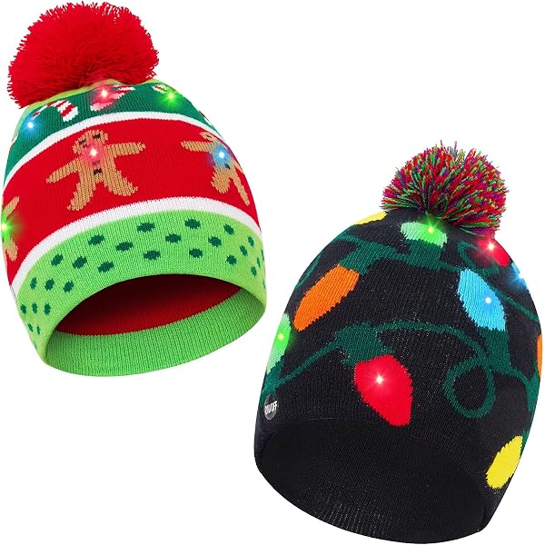 Lot De 3 Bonnets De Noël Lumineux à LED Avec Pompon - Coton, Motifs Festifs - 3