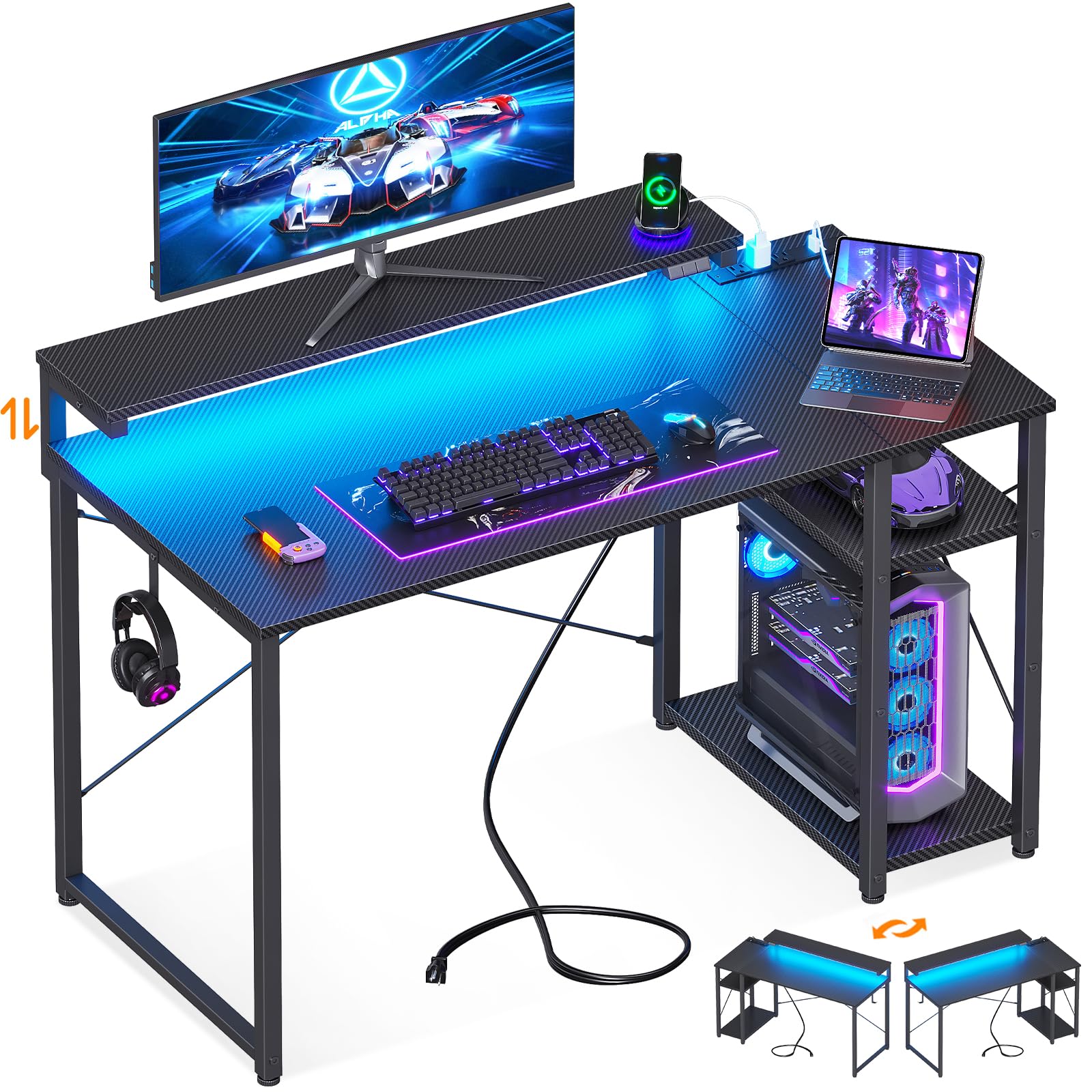 Photo 1 of MOTPK Gaming Desk with Led Lights & Power Outlet, 40 Inch Small Gaming Computer Desk with Shelves, Reversible Gamer Desk Table with Adjustable Monitor Stand & Headphone Hook, Carbon Fiber Texture