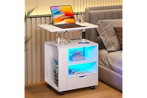 HNEBC LED Nightstand with Wireless Charging Station,White Nightstand Has Adjustable Rotary Table,Bedside Tables with One Drawer and 2 Mezzanines/Infrared Induction 3 Color Lighting (On The Left)