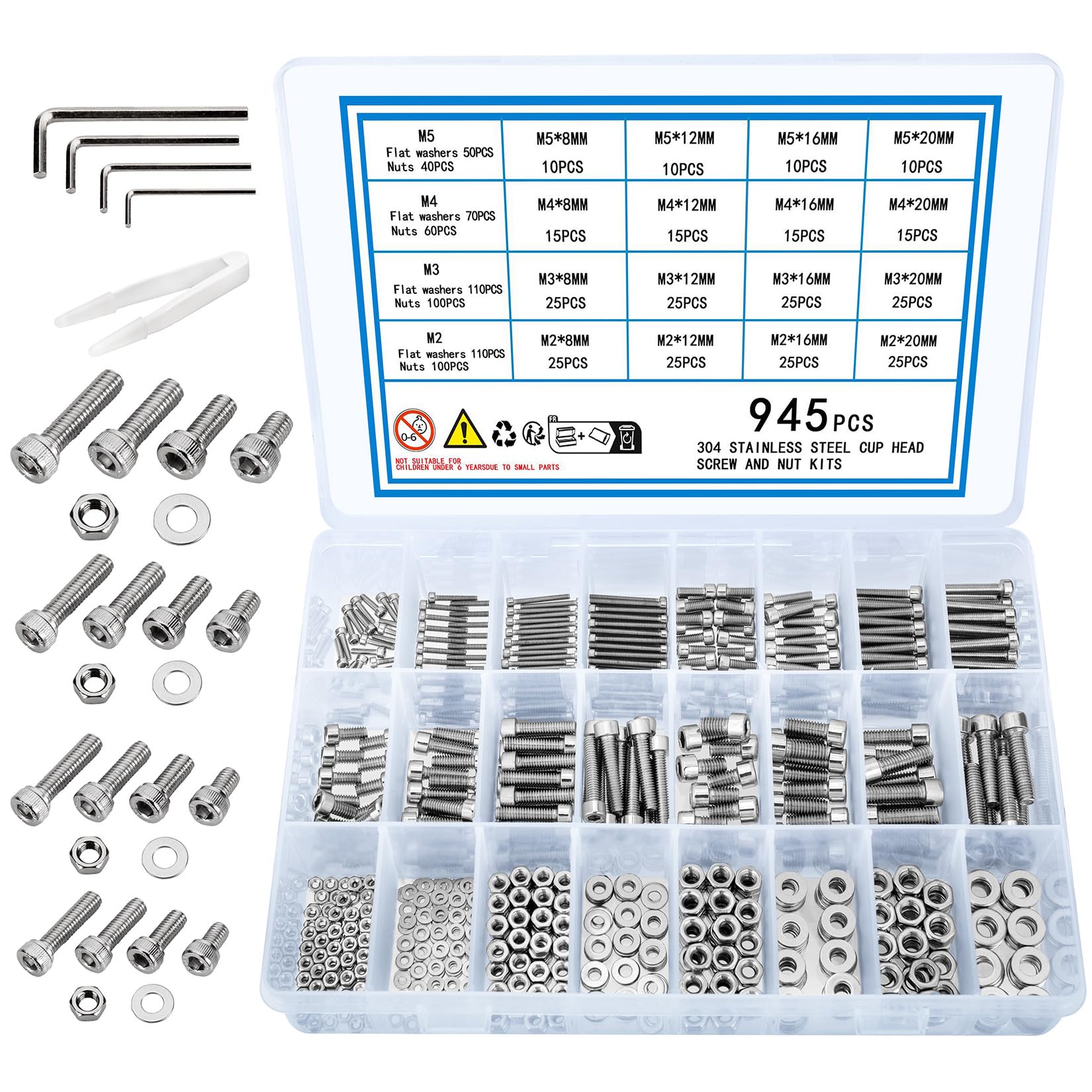 KOXXIAMOQ 945 Pcs M2 M3 M4 M5 Hex Socket Head Cap Screws Bolts and Nuts and Washers Set, Stainless Steel Hexagon Socket Head Fastener Machine Screws Nuts and Bolts and Washers Assortment Kit(945)