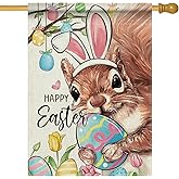 Covido Happy Easter Squirrel Decorative House Flag, Easter Egg Bunny Ears Garden Yard Outside Decoration, Spring Tulip Flower Burlap Outdoor Large Home Decor Double Sided 28 x 40