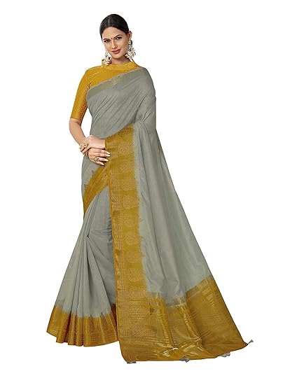 Women Linen Cotton Kanjivaram Saree,Grey Sari