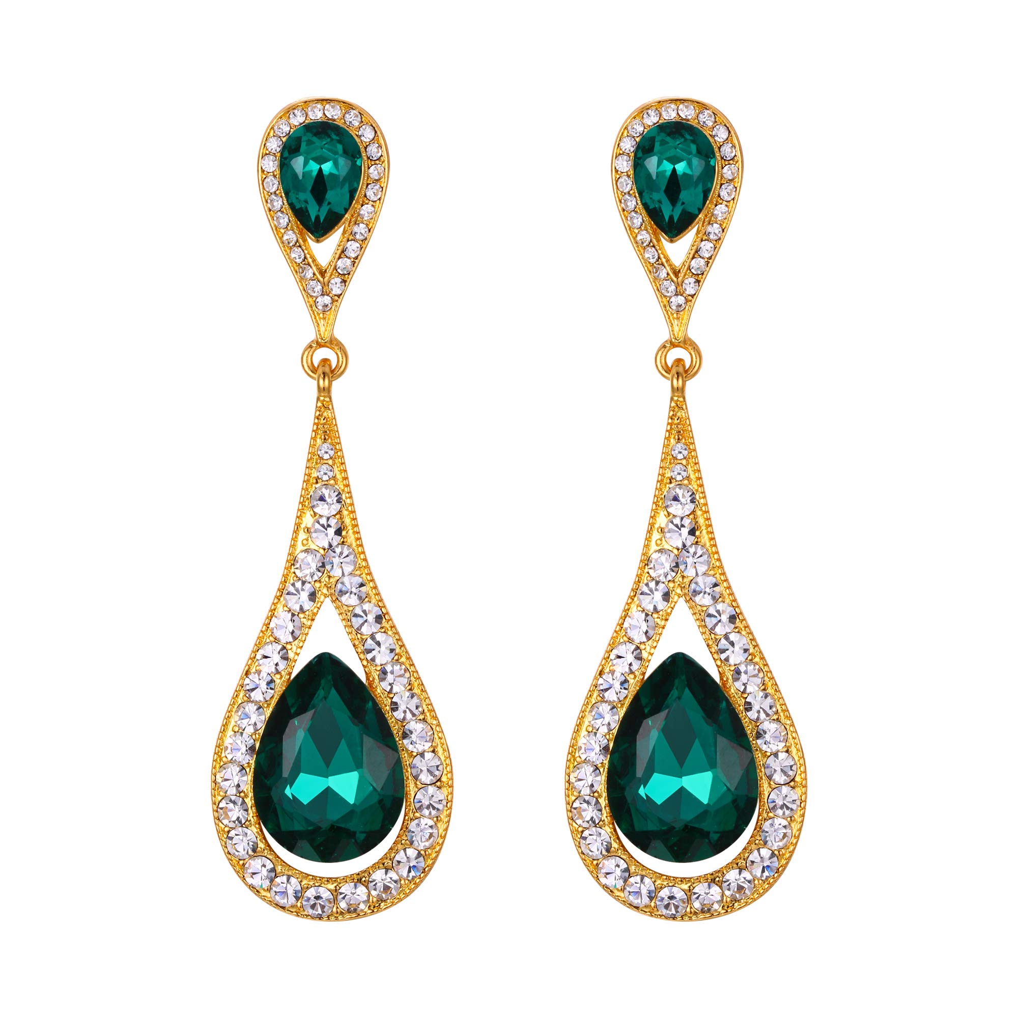 EVER FAITH Green Crystal Teardrop Dangle Earrings for Women Girls, Sparkly Rhinestone Vintgae Statement Drop Pierced Earring Wedding Prom Birthday Party Jewellery for Brides Bridal Gold-Tone