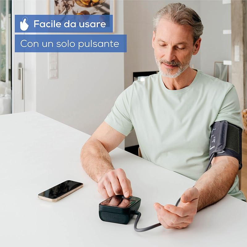 BM 48 Misuratore di pressione da braccio, funzionamento semplice con un pulsante, misurazione delicata e veloce, rilevamento aritmia, polsino 22-42 cm, con app, trasferimento dati Apple Health