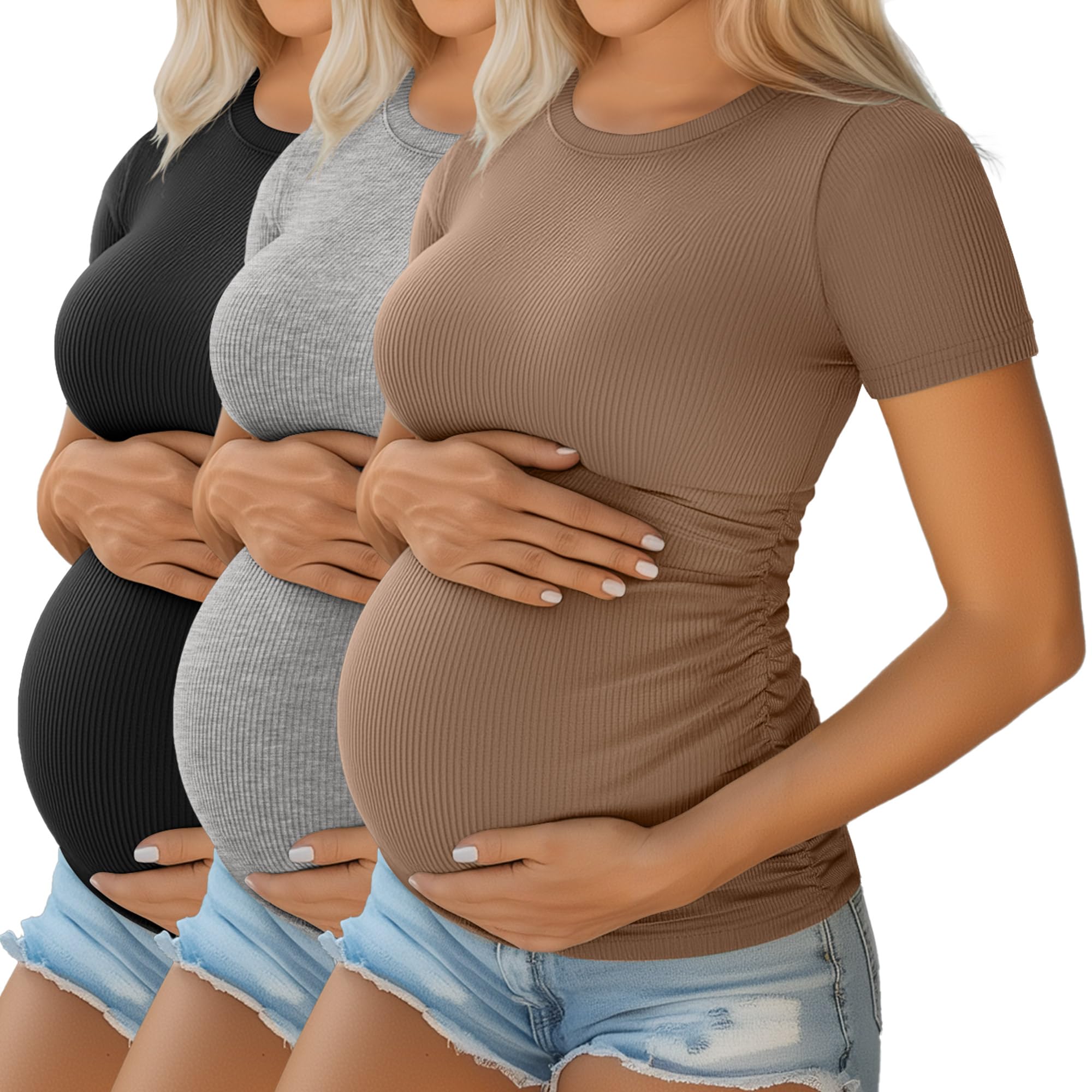 Photo 1 of Ficerd 3 Pack Women's Maternity Shirts Cotton Short Sleeve Pregnancy Tops Side Ruched Ribbed Casual Mama tees Clothes(Black, Light Heather Gray, Light Coffee,Large)