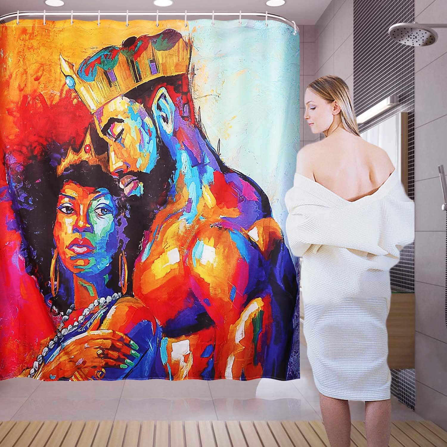 Flymall Shower Curtain Set,Waterproof Washable Polyester Fabric African Couples Painting Shower Curtain Including 12-Pack Shower Hooks for Home Bathroom Decor(71 x 71)