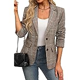 ELLEVEN Women's Lapel Collar Plaid 2 Button Boyfriend Blazer Suit Houndstooth Work Office Blazer Jacket
