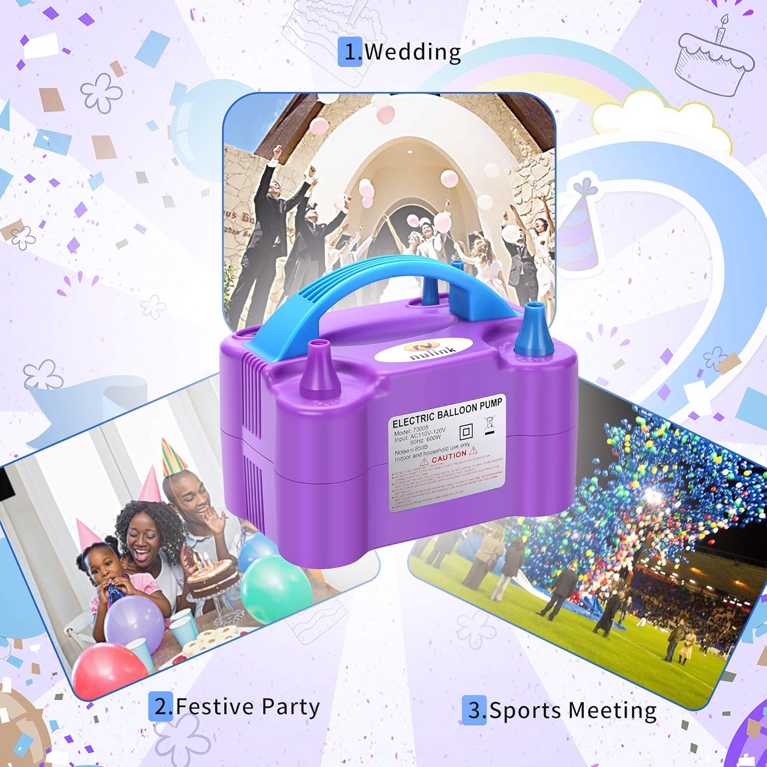 NuLink Electric Portable Dual Nozzle Balloon Blower Pump Inflation for Decoration, Party, Sport [110V~120V, 600W, Purple]: Toys & Games