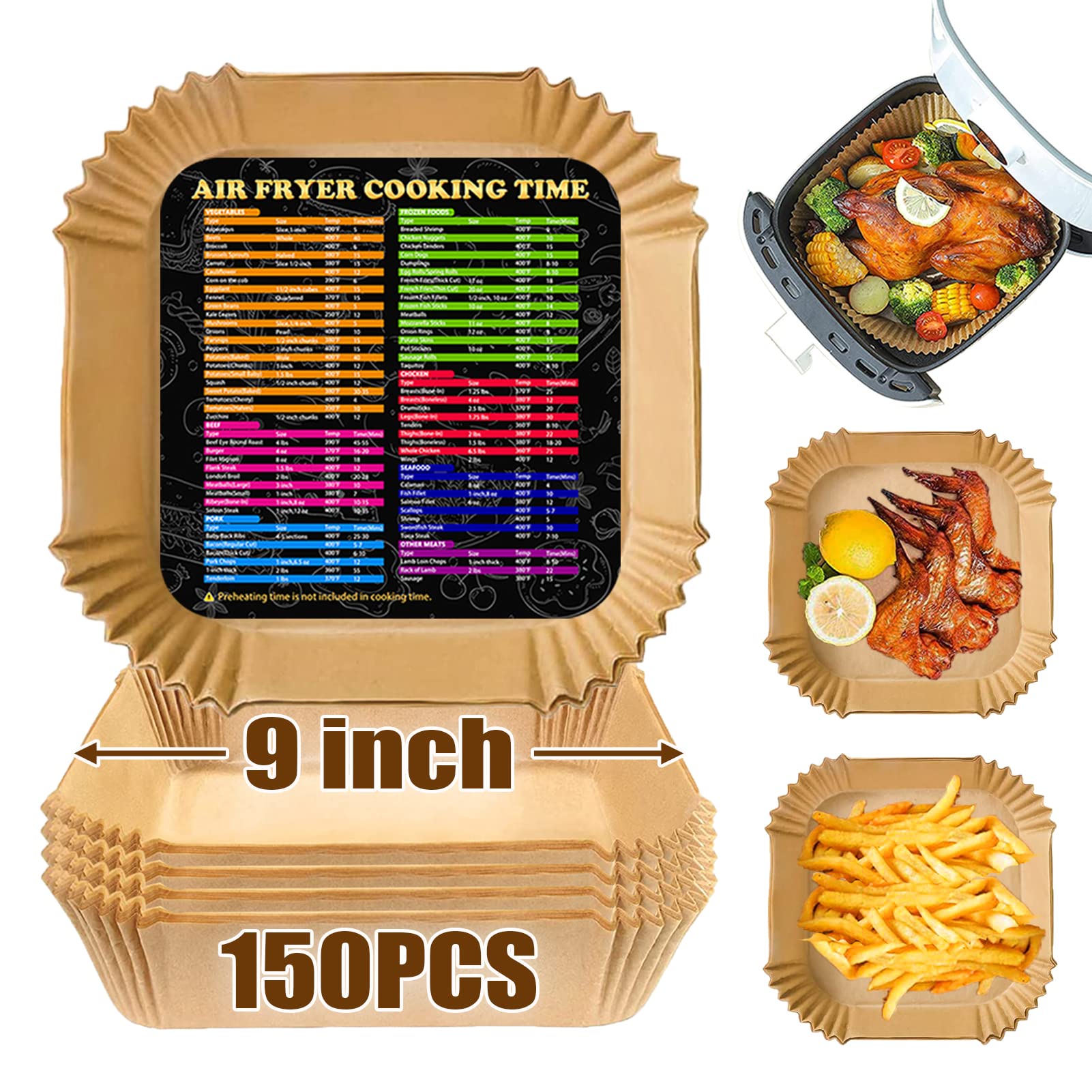Air Fryer Liners Square for COSORI Air Fryer 6Qt and Ninja AF141, 150Pcs 9 Inch Large Air Fryer Paper Liners for 5-8QT Basket, Non-stick Parchment Paper Pads Oil Resistant